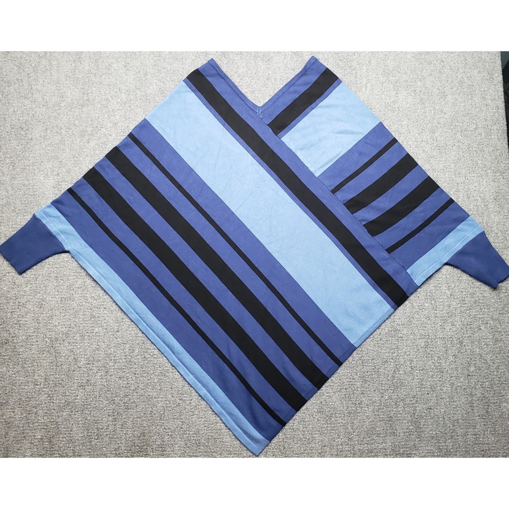 New Directions Striped Poncho Sweater Womens M Blue Black Knit Top New